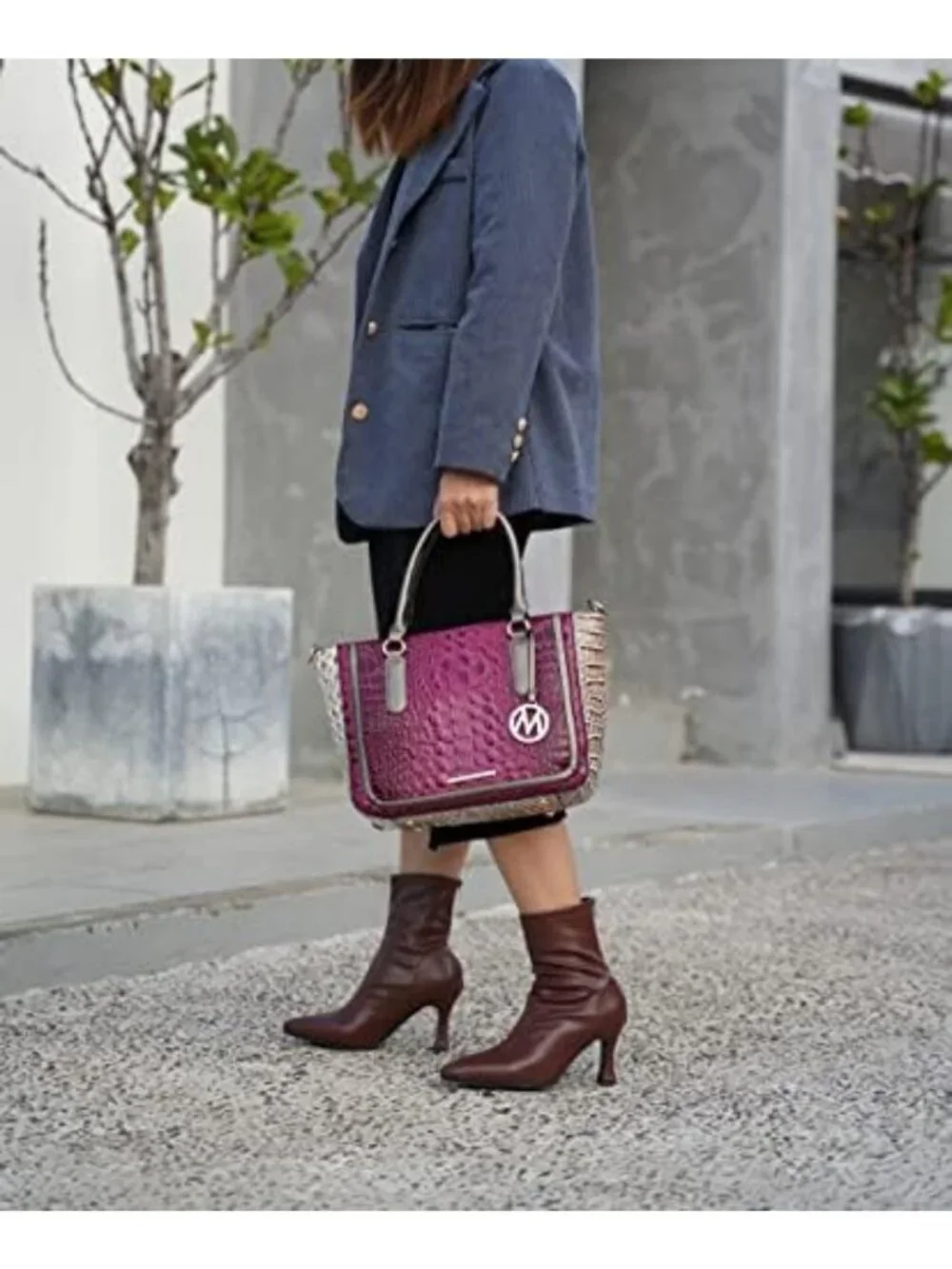 Stylish Crocodile Embossed Vegan Leather Satchel Bag & Crossbody Tote Handbag